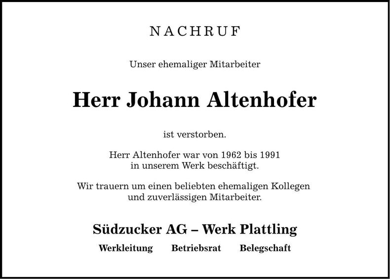 Traueranzeige Johann Altenhofer