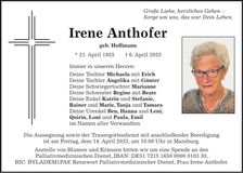 Traueranzeige Irene Anthofer