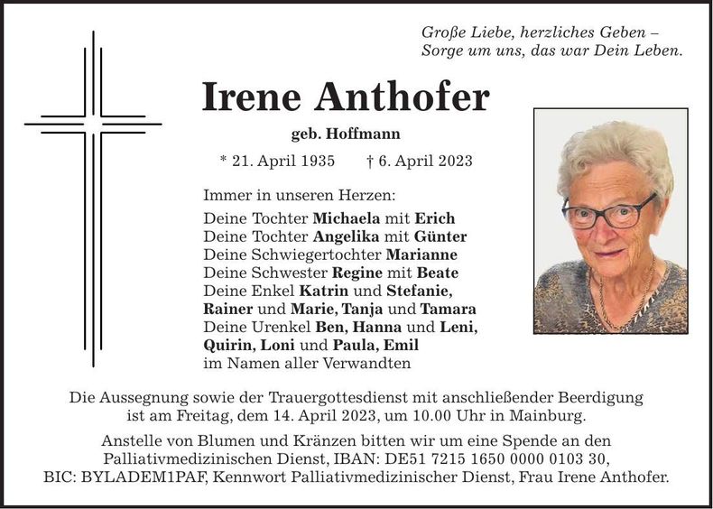 Traueranzeige Irene Anthofer
