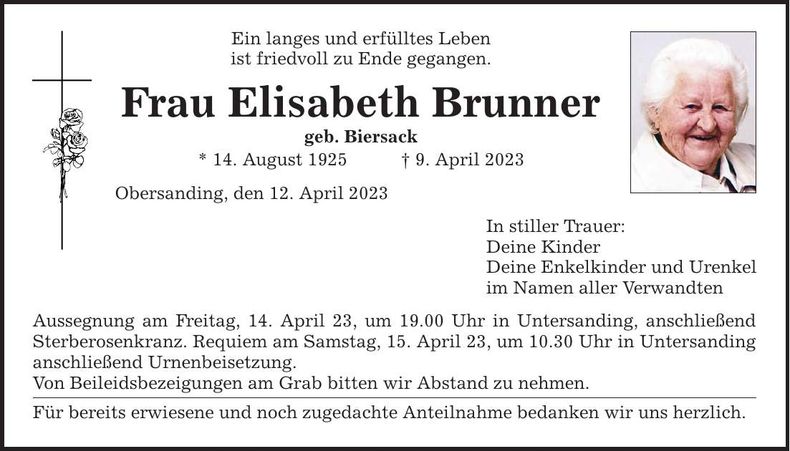 Traueranzeige Elisabeth Brunner