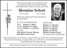 Traueranzeige Hermine Schott