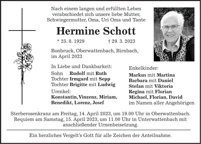Traueranzeige Hermine Schott