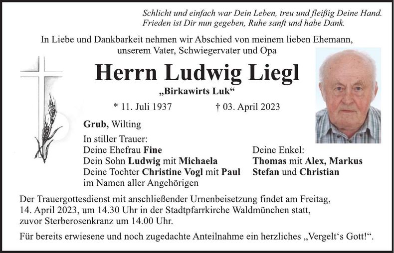 Traueranzeige Ludwig Liegl
