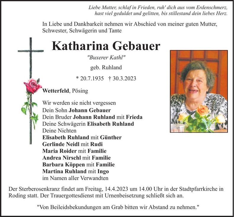 Traueranzeige Katharina Gebauer
