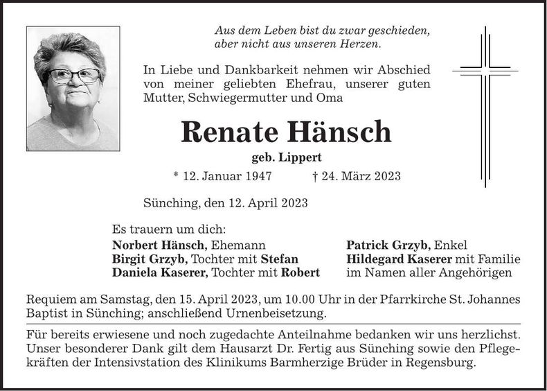 Traueranzeige Renate Hänsch