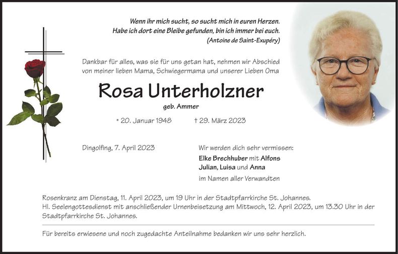 Traueranzeige Rosa Unterholzner