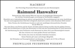 Traueranzeige Raimund Hanwalter