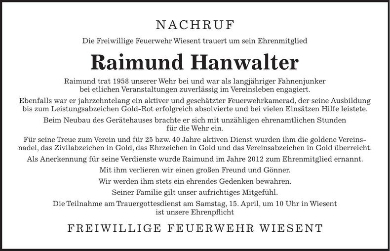 Traueranzeige Raimund Hanwalter
