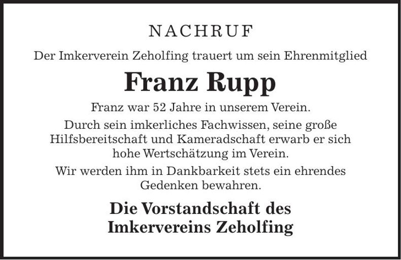 Traueranzeige Franz Rupp