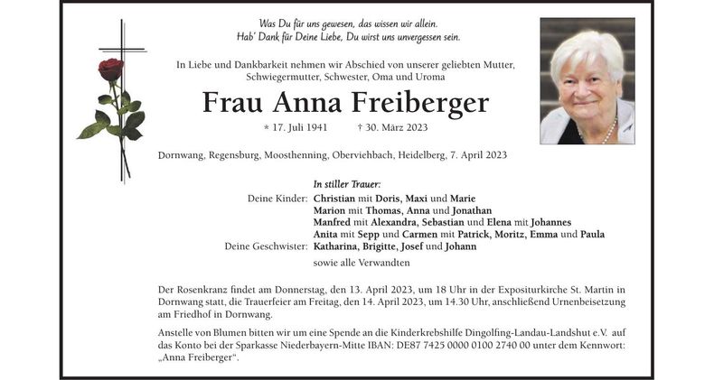 Traueranzeige Anna Freiberger