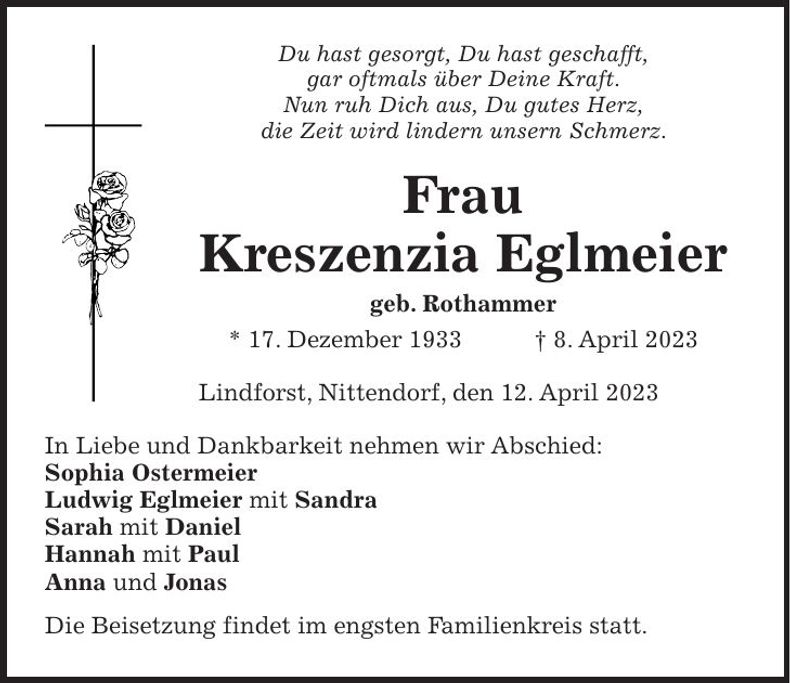 Traueranzeige Kerszenzia Eglmeier