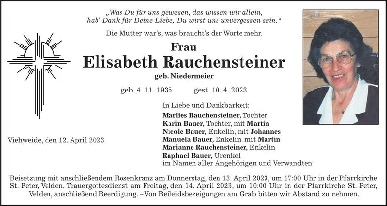 Traueranzeige Elisabeth Rauchensteiner