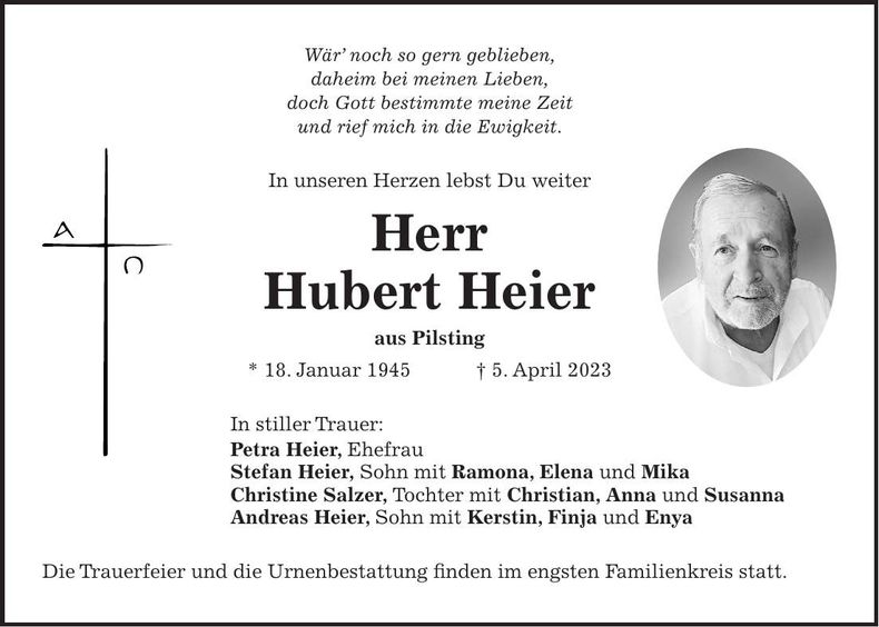 Traueranzeige Hubert Heier