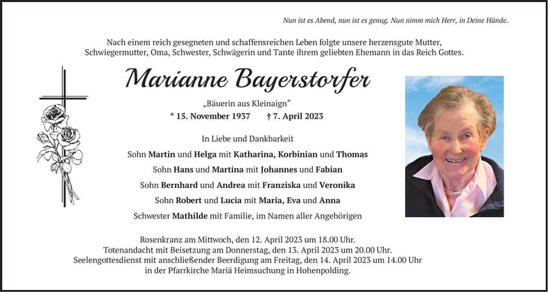 Traueranzeige Marianne Bayerstorfer