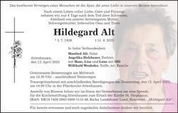 Traueranzeige Hildegard Alt