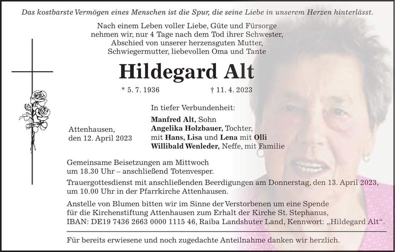 Traueranzeige Hildegard Alt