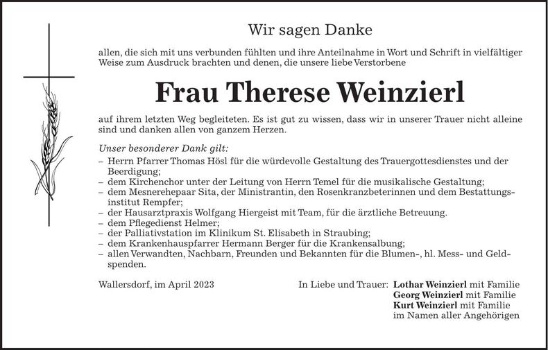 Traueranzeige Therese Weinzierl