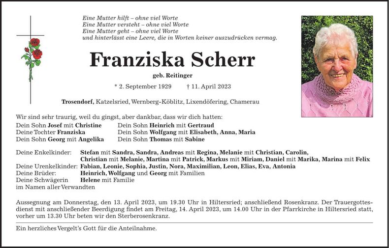 Traueranzeige Franziska Scherr