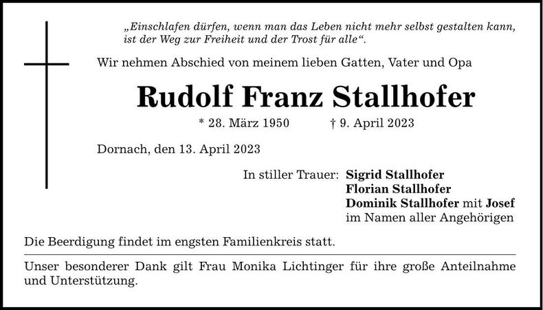 Traueranzeige Rudolf Stallhofer