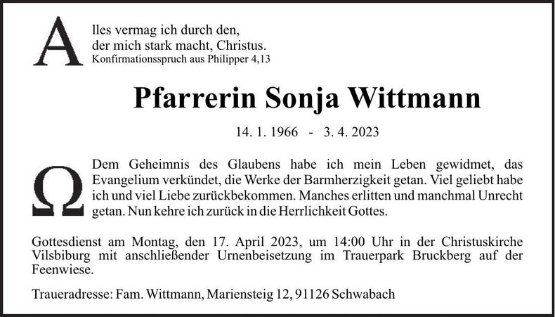 Traueranzeige Sonja Wittmann