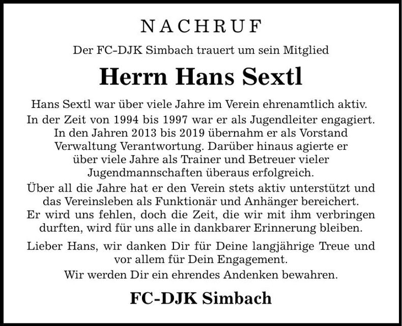 Traueranzeige Hans Sextl