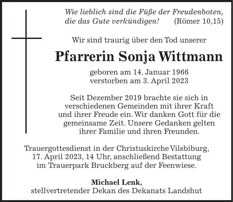 Traueranzeige Sonja Wittmann