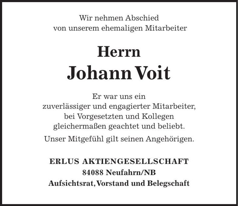 Traueranzeige Johann Voit