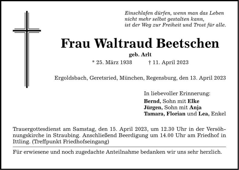 Traueranzeige Waltraud Beetschen