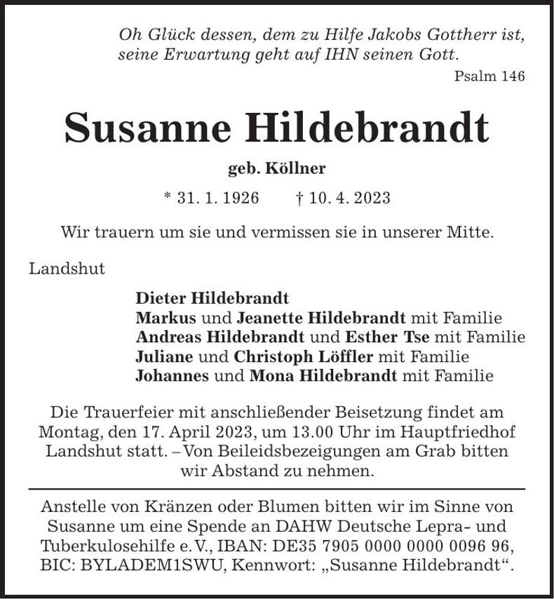 Traueranzeige Susanne Hildebrandt