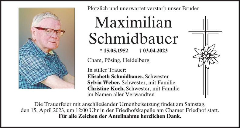 Traueranzeige Maximilian Schmidbauer