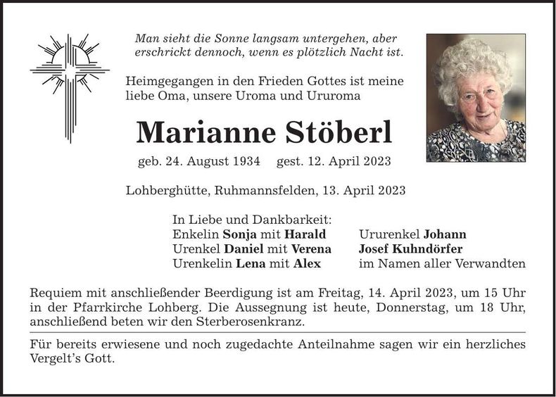 Traueranzeige Marianne Stöberl