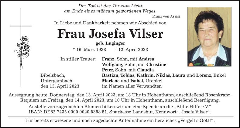 Traueranzeige Josefa Vilser