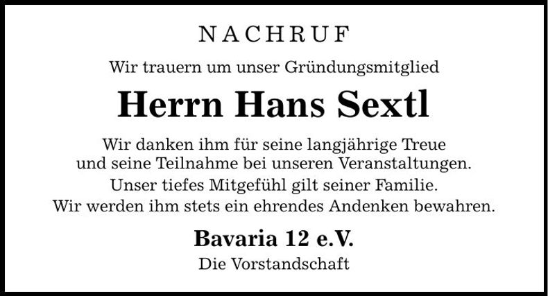 Traueranzeige Hans Sextl