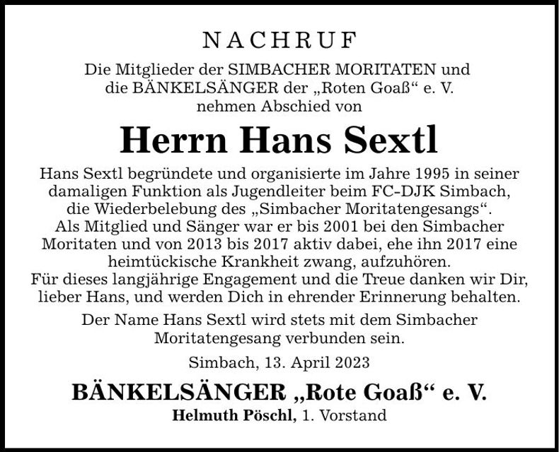 Traueranzeige Hans Sextl