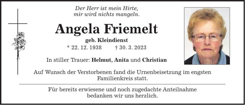 Traueranzeige Angela Friemelt