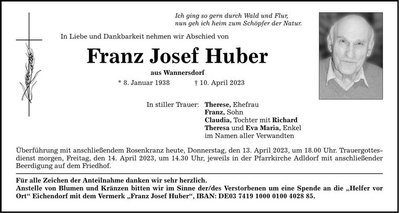 Traueranzeige Franz Josef Huber