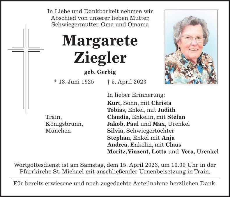 Traueranzeige Margarete Ziegler