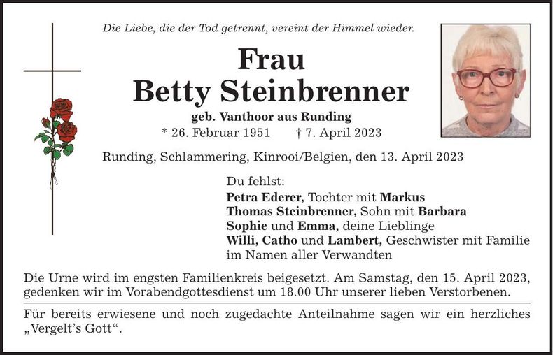 Traueranzeige Betty Steinbrenner