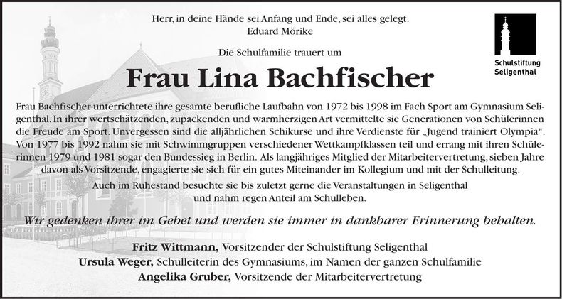Traueranzeige Lina Bachfischer