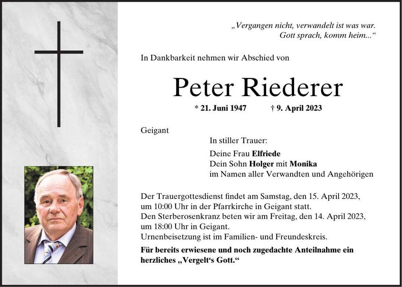 Traueranzeige Peter Riederer