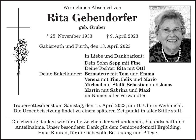 Traueranzeige Rita Gebendorfer