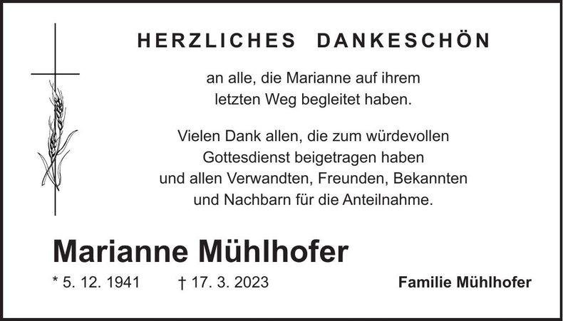 Traueranzeige Marianne Mühlhofer