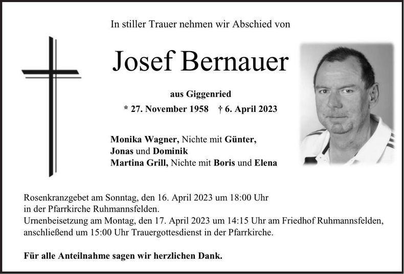Traueranzeige Josef Bernauer