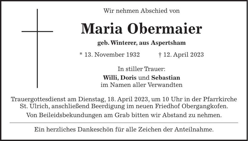 Traueranzeige Maria Obermaier