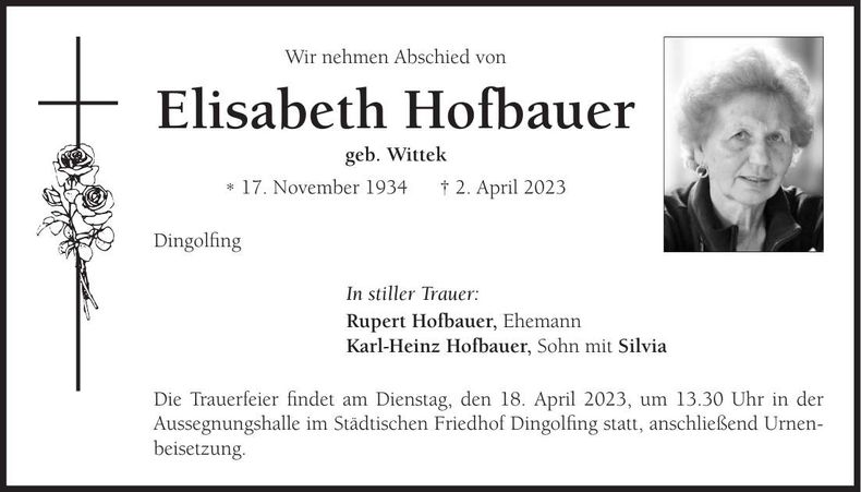 Traueranzeige Elisabeth Hofbauer