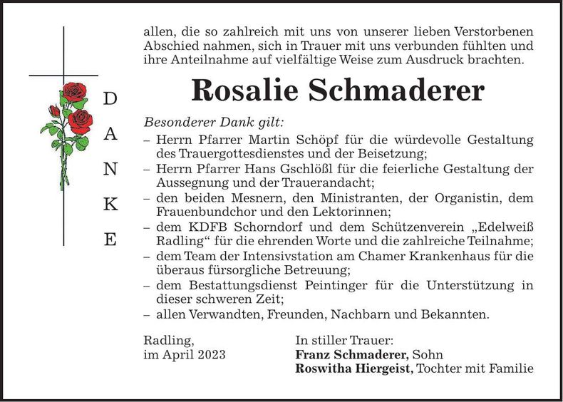 Traueranzeige Rosalie Schmaderer