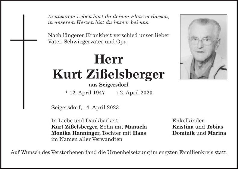 Traueranzeige Kurt Zißelsberger