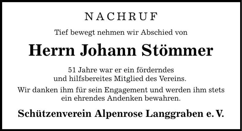Traueranzeige Johann Stömmer
