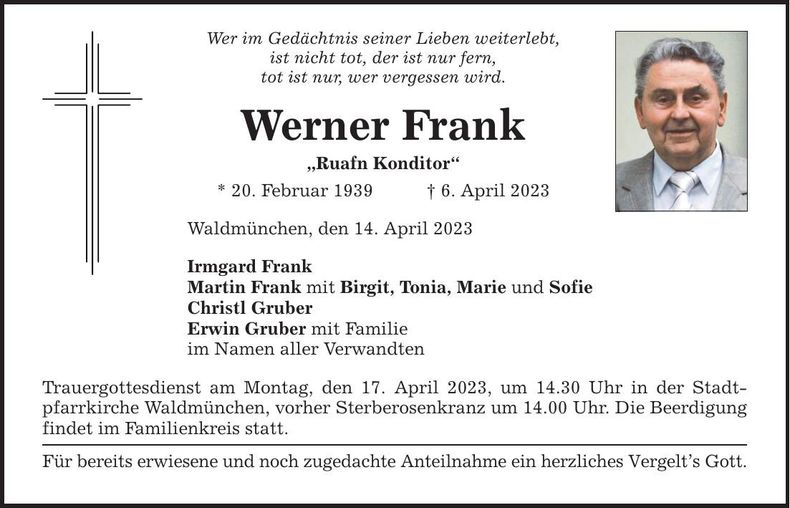 Traueranzeige Werner Frank