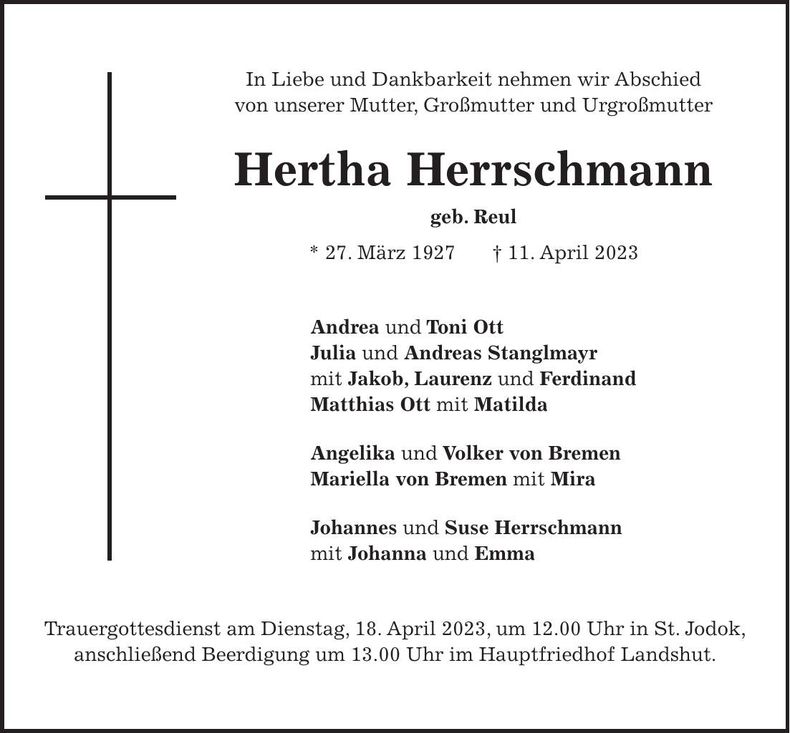 Traueranzeige Hertha Herrschmann